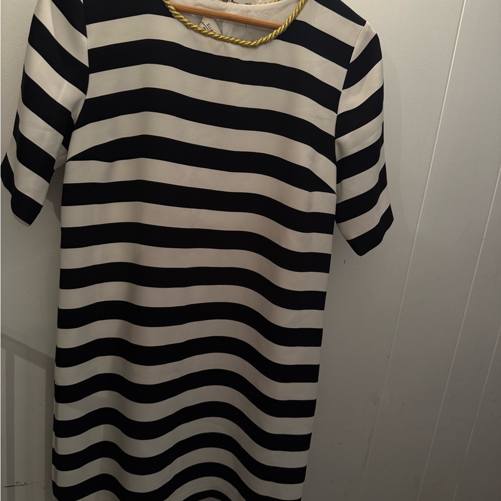 Ella Luna white and black striped short sleeve with gold neckline